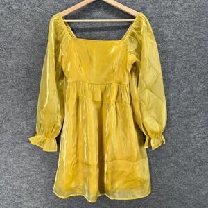 Yellow Square-Neck Puff Sleeve Dress